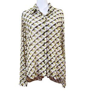 Cabi Mosaic Mesh Top Green Brown Geometric Print Button Up Shirt Women's Size M